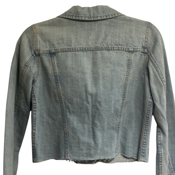 Mango Women’s XXS Cropped Distressed Denim Jean Jacket, Silver Colored Buttons - Picture 3 of 7